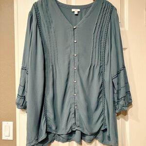 J. JILL Sage Blue Green Peasant Top Size XL Embroidered Boho Blouse Casual